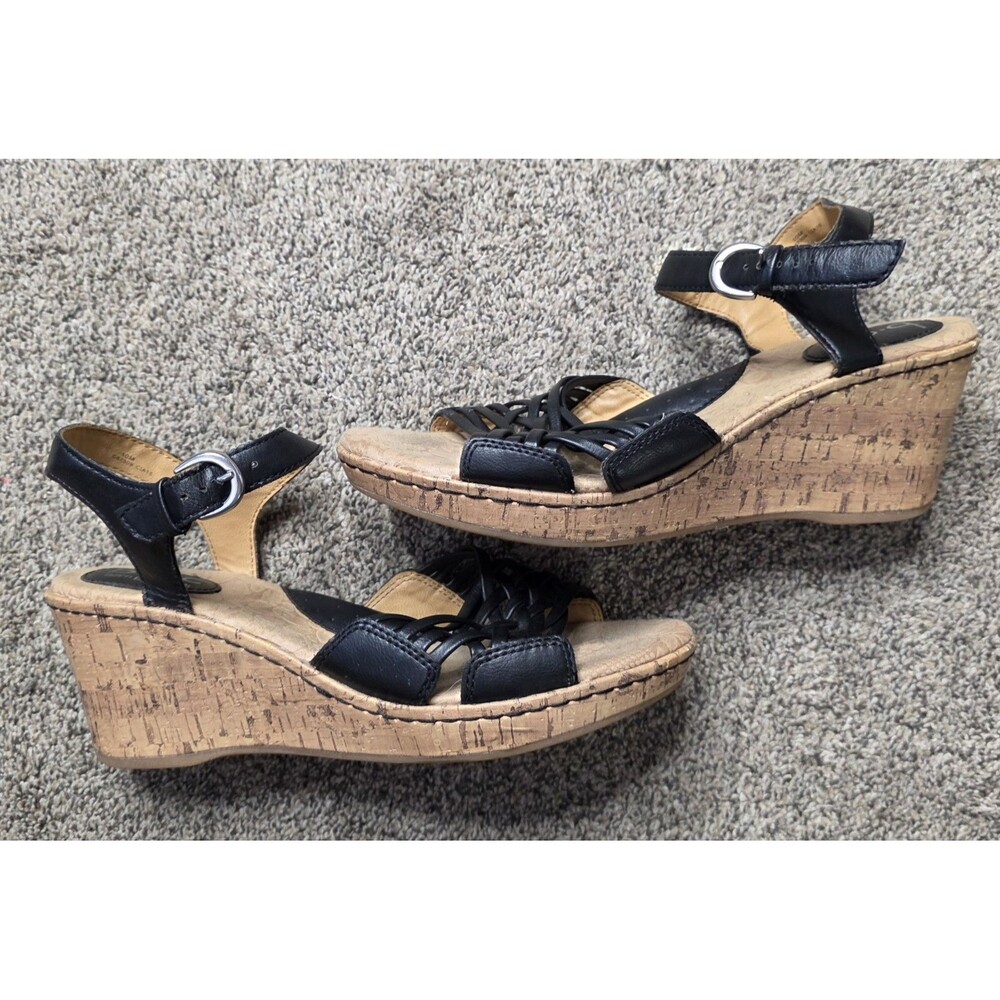 BOC Black Cork Wedge Sandals Size 10 Strappy Buckle Travel Events Dressy
